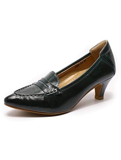 Mona flying Women's Leather Pump Med Heel Pointed Toe Office Dress Shoes for Ladies