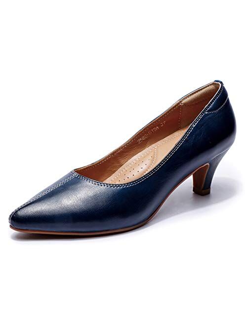 Mona flying Women's Leather Pump Med Heel Pointed Toe Office Dress Shoes for Ladies