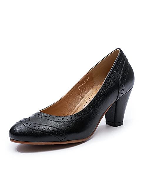 Mona flying Women's Leather Pump Med Heel Pointed Toe Office Dress Shoes for Ladies