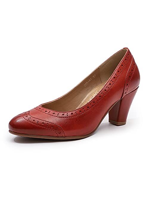 Mona flying Women's Leather Pump Med Heel Pointed Toe Office Dress Shoes for Ladies