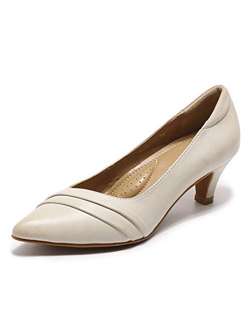 Mona flying Women's Leather Pump Med Heel Pointed Toe Office Dress Shoes for Ladies