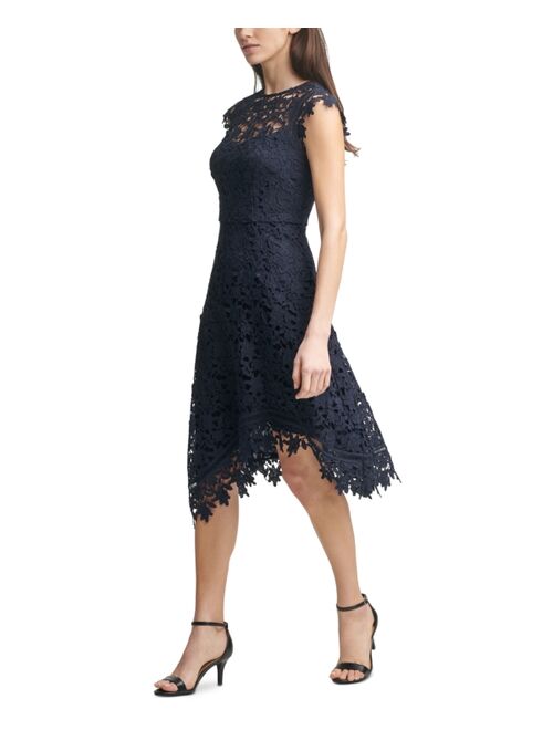 Eliza J Lace Asymmetrical-Hem Midi Dress