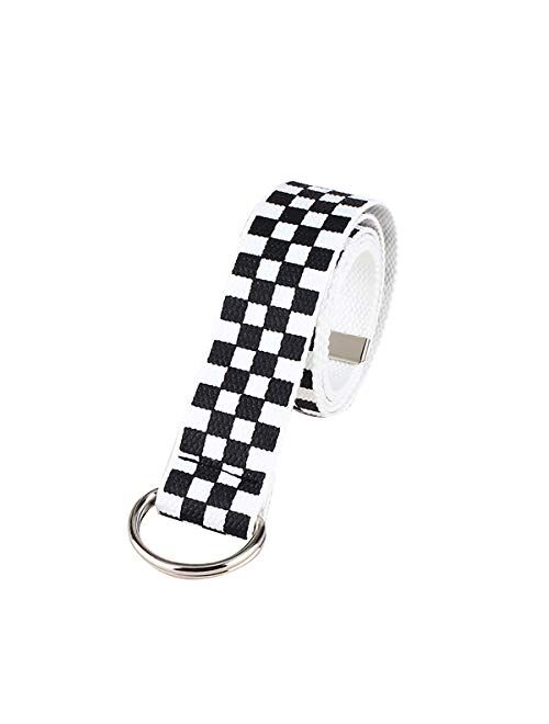 Aibearty Canvas Web Double D Ring Plaid Belt Silver Buckle Long Waistband for Women Men Teens