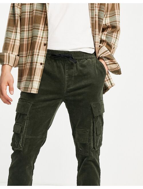 Topman skinny corduroy multi pocket cargo pants in khaki