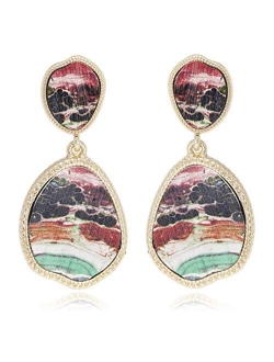 BONALUNA Bohemian Wood And Flower Printed Oval Shaped Drop Statement Earrings