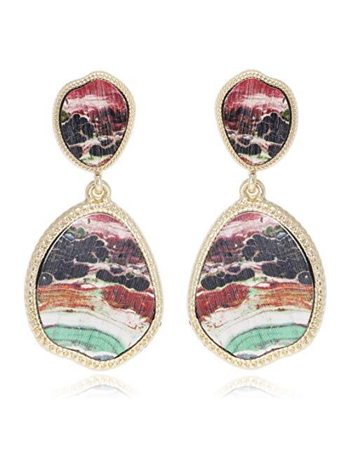 BONALUNA Bohemian Wood And Flower Printed Oval Shaped Drop Statement Earrings