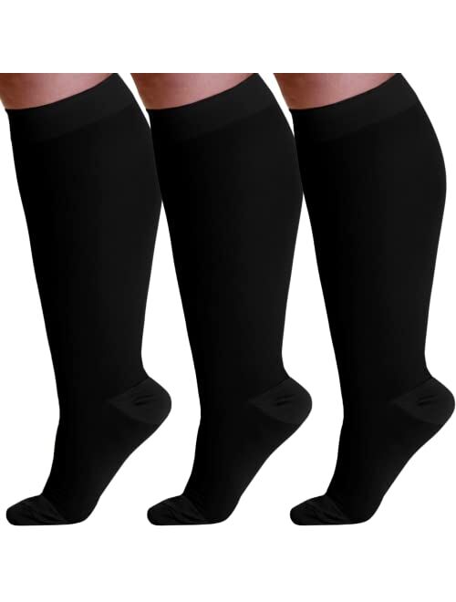 (3 pack) Absolute Support Big and Tall Compression Socks for Women and Men 20-30mmHg - Plus Size Compression Support Hose Wide Calf for Swelling Pain Edema Recovery Nursi