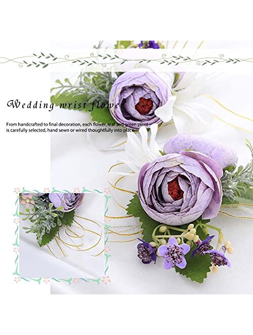 Campsis Set of 2 Wedding Flower Wrist Corsage Purple Handmade Leave Bridal Hand Flower Bride Bridesmaid Wristlet for Prom Party Beach Photography 2PCS