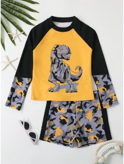 Boys Dinosaur Print Raglan Swimsuit