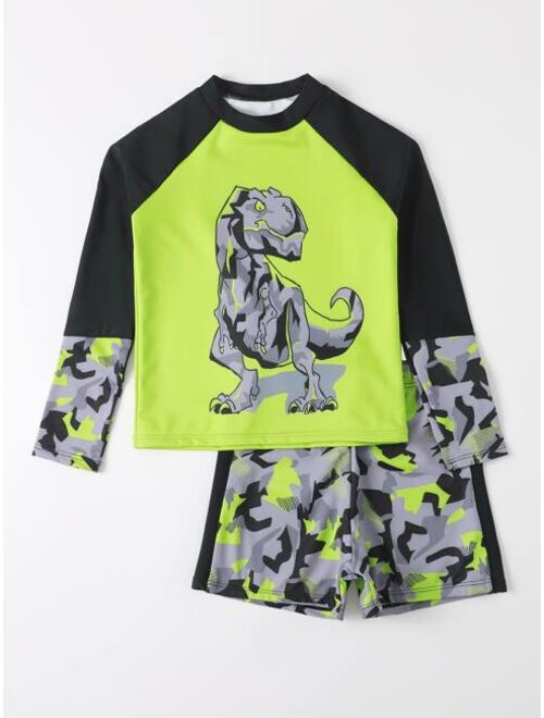 Shein Boys Dinosaur Print Raglan Swimsuit