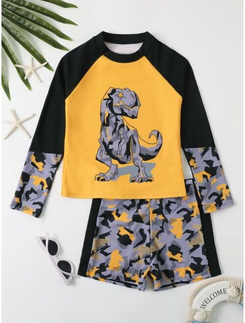 Shein Boys Dinosaur Print Raglan Swimsuit