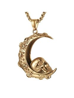 Mens Women Gothic Retro Moon Crescent Skull Stainless Steel Pendant Necklace 22 2 Inch Chain