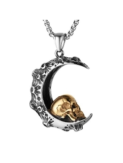 Mens Women Gothic Retro Moon Crescent Skull Stainless Steel Pendant Necklace 22 2 Inch Chain