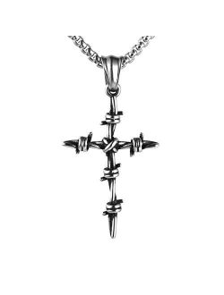 Men's Vintage Silver Nail Cross Punk Gothic Stainless Steel Barbed Wire Pendant Necklacee 22 2 Inch