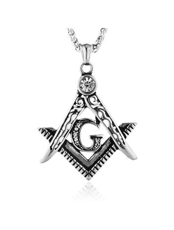 Mens Cubic Zirconia Freemason Symbol Masonic Stainless Steel Pendant Necklace 22 2 inch Chain