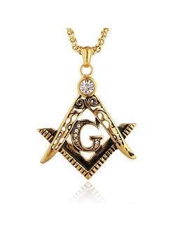 Mens Cubic Zirconia Freemason Symbol Masonic Stainless Steel Pendant Necklace 22 2 inch Chain