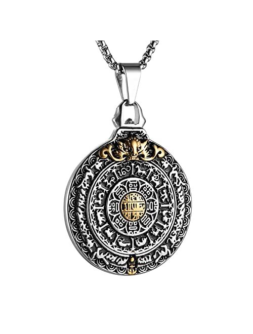 HZMAN Vintage Tibetan I Ching Spiritual Divination Om Stainless Steel Pendant Necklace Religion Jewelry