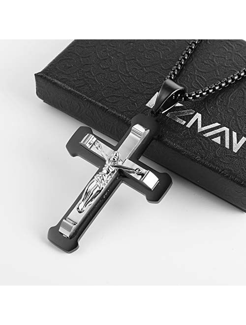 HZMAN Men's Jesus Stainless Steel Pendant Necklace Silver Gold Black Multicolor Cross, 22 + 2 Inch Chain