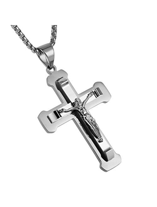 HZMAN Men's Jesus Stainless Steel Pendant Necklace Silver Gold Black Multicolor Cross, 22 + 2 Inch Chain