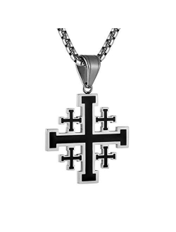 Mens Stainless Steel Crusader Jerusalem Cross Pendant Necklace with 22 2 Inches Chain