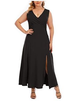 GXLU Women's Plus Size Sleeveless Deep V Neck Front Split Long Maxi Wrap Dress