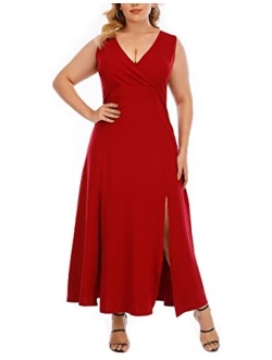 GXLU Women's Plus Size Sleeveless Deep V Neck Front Split Long Maxi Wrap Dress