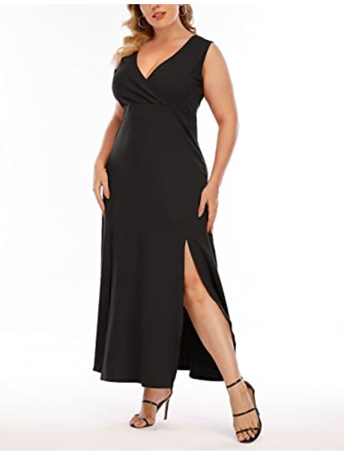 GXLU Women's Plus Size Sleeveless Deep V Neck Front Split Long Maxi Wrap Dress