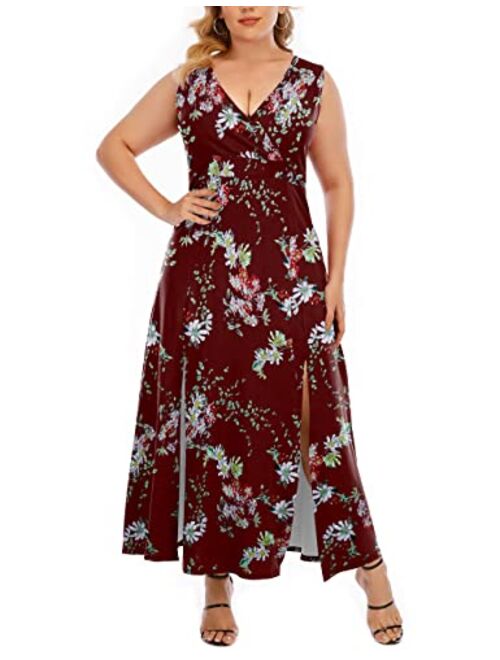 GXLU Women's Plus Size Sleeveless Deep V Neck Front Split Long Maxi Wrap Dress