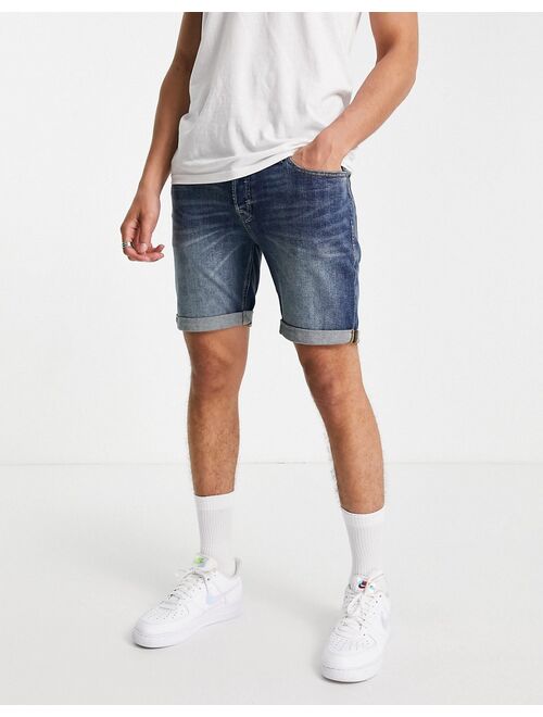 Jack & Jones Intelligence denim short in mid blue washed