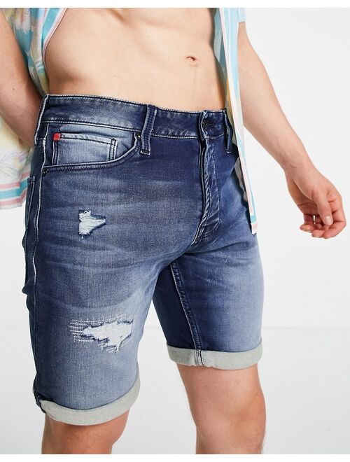 Jack & Jones denim shorts with rip in mid blue