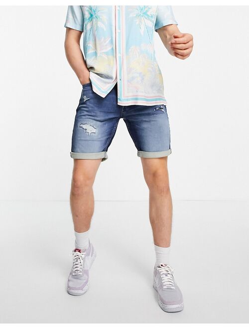 Jack & Jones denim shorts with rip in mid blue