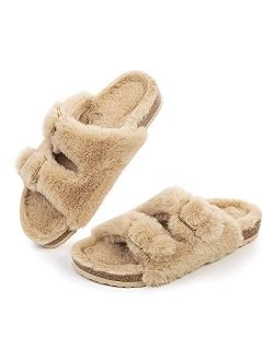 FITORY Womens Open Toe Slipper with Cozy Lining,Faux Rabbit Fur Cork Slide Sandals Size 6-11