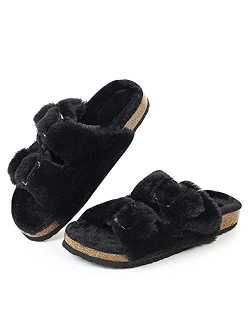 FITORY Womens Open Toe Slipper with Cozy Lining,Faux Rabbit Fur Cork Slide Sandals Size 6-11