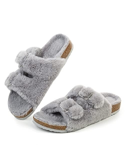 FITORY Womens Open Toe Slipper with Cozy Lining,Faux Rabbit Fur Cork Slide Sandals Size 6-11