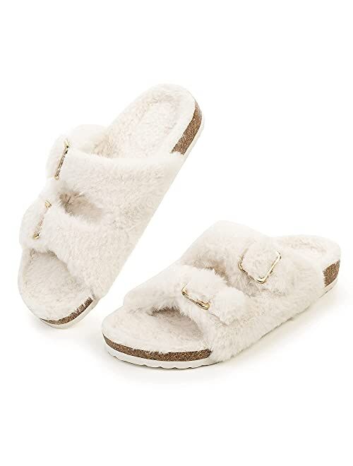 FITORY Womens Open Toe Slipper with Cozy Lining,Faux Rabbit Fur Cork Slide Sandals Size 6-11