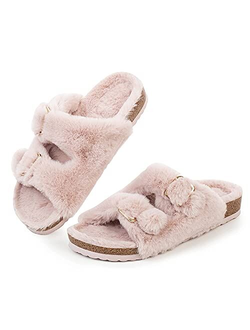 FITORY Womens Open Toe Slipper with Cozy Lining,Faux Rabbit Fur Cork Slide Sandals Size 6-11