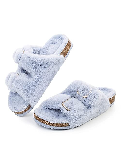 FITORY Womens Open Toe Slipper with Cozy Lining,Faux Rabbit Fur Cork Slide Sandals Size 6-11