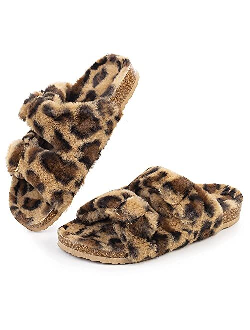 FITORY Womens Open Toe Slipper with Cozy Lining,Faux Rabbit Fur Cork Slide Sandals Size 6-11