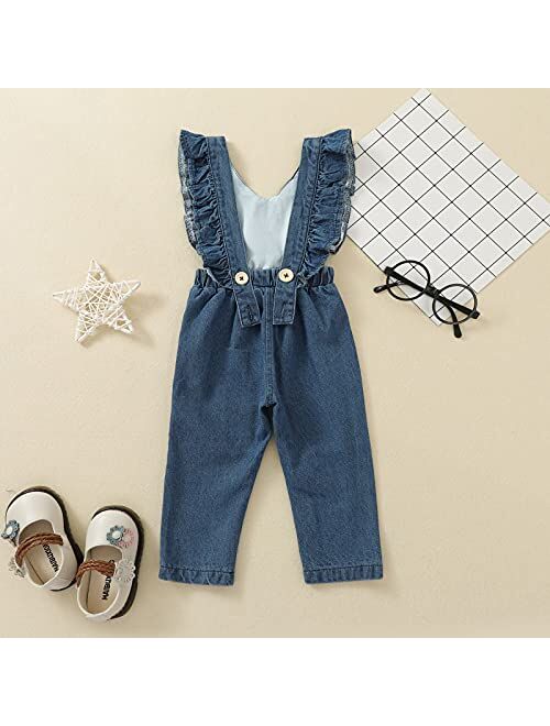 Tiacham Girls Jeans Romper Toddler Sleeveless Ruffle Halter Jumpsuits Baby Girl Denim Overalls Kids Pants