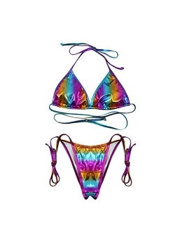 Eilova Orityle Women's Liquid Metallic Sexy Triangle Bikini Set Shiny Bathing Suit Two Pieces Swimsuit Tie Two Sides Bottom