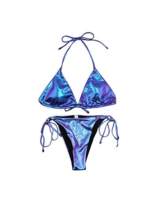 Eilova Orityle Women's Liquid Metallic Sexy Triangle Bikini Set Shiny Bathing Suit Two Pieces Swimsuit Tie Two Sides Bottom