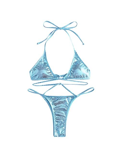 Eilova Orityle Women's Liquid Metallic Sexy Triangle Bikini Set Shiny Bathing Suit Two Pieces Swimsuit Tie Two Sides Bottom