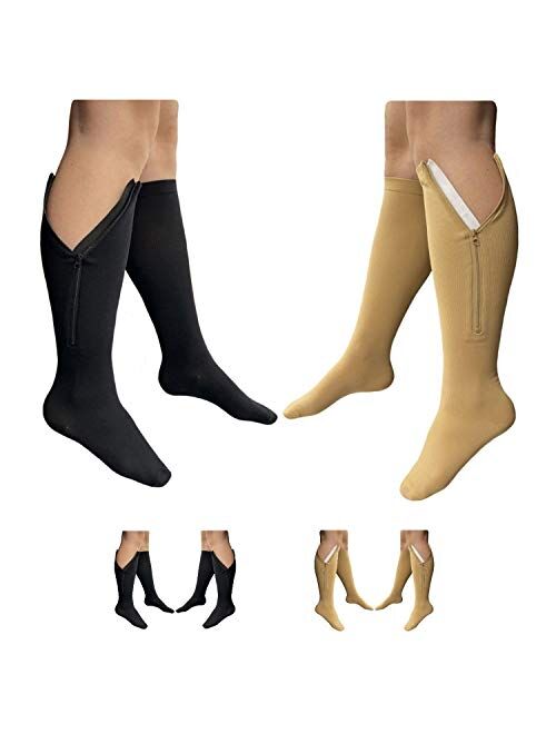 HealthyNees 2 Pairs Set Closed Toe 20-30 mmHg Zipper Compression Fatigue Swelling Circulation Knee Length Socks (Small/Medium (2 Pair), Beige/Black)