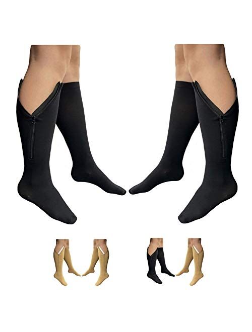 HealthyNees 2 Pairs Set Closed Toe 20-30 mmHg Zipper Compression Fatigue Swelling Circulation Knee Length Socks (Small/Medium (2 Pair), Beige/Black)