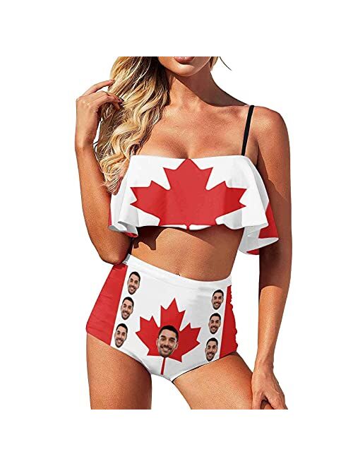 M Yescustom Custom Husband Face Swimsuits for Women, American Flag Two Piece Swimsuits, Customized Love Country Bikini for Summer Holiday