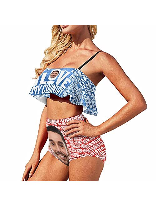 M Yescustom Custom Husband Face Swimsuits for Women, American Flag Two Piece Swimsuits, Customized Love Country Bikini for Summer Holiday