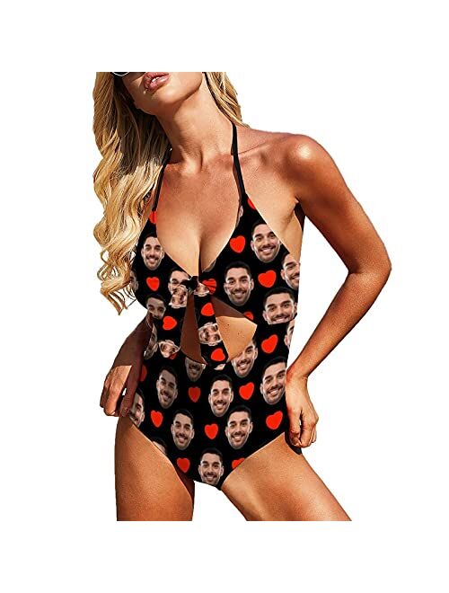 Interestprint Women Bathing Suits Custom Face Red Love Heart Hollow Out Keyhole Print One Piece Swimsuit Swimwear