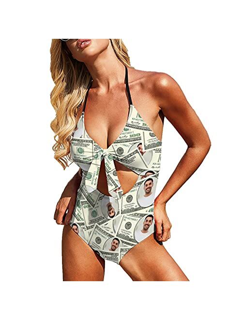 Interestprint Women Bathing Suits Custom Face Red Love Heart Hollow Out Keyhole Print One Piece Swimsuit Swimwear