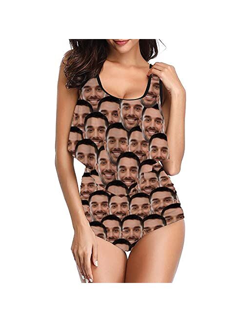 Interestprint Custom Face Seamless face High Waisted Swimsuit Ruffled Top Bathing Suits Personalized Photo Gifts Swimwear for Women Girl