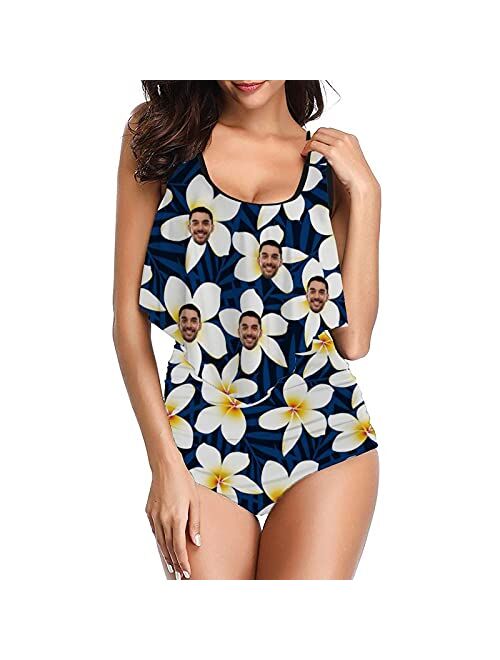 Interestprint Custom Face Seamless face High Waisted Swimsuit Ruffled Top Bathing Suits Personalized Photo Gifts Swimwear for Women Girl